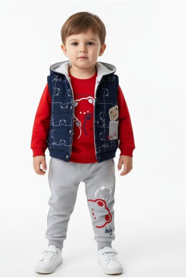 طقم للأولاد من مطبوع قطع بنمط الدب المربع 333 - 1