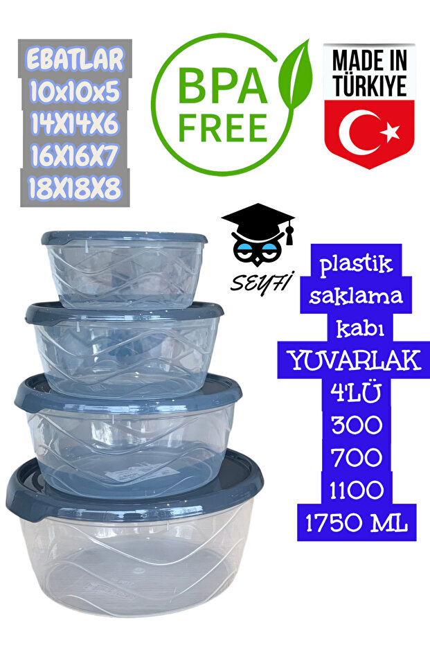 Plastic Storage Container Round 4-Pack 300 700 1100 1750 ml