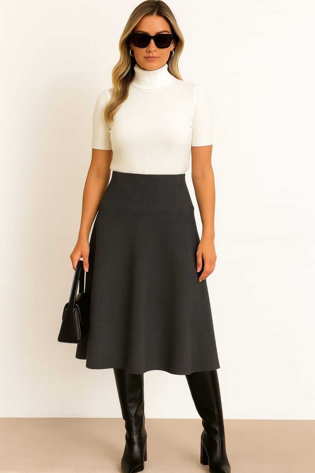Below-the-knee anthracite brioche knit women's flared midi skirt, high-waisted shaping loose slit skirt, not a skirt