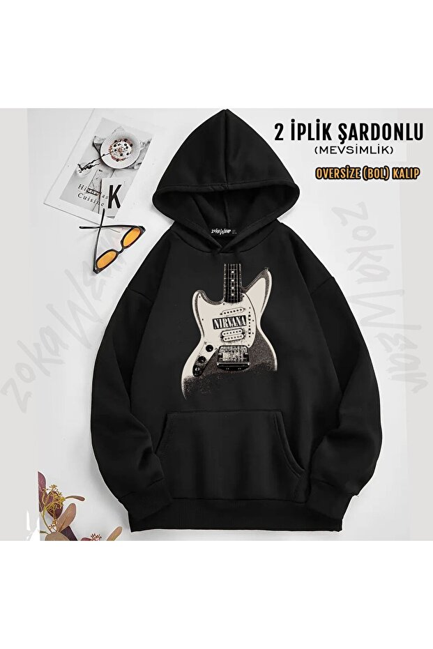 Unisex Guitar Nirvana Printed Hooded Sweatshirt (2 Thread)