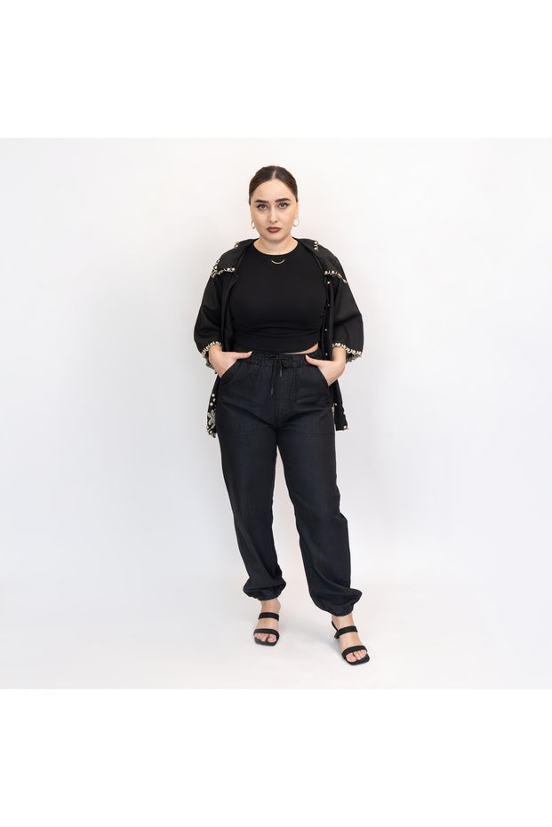 Ladies Casual Wear – Black Cotton Denim Lightweight Joggers, LLJ33221-BK