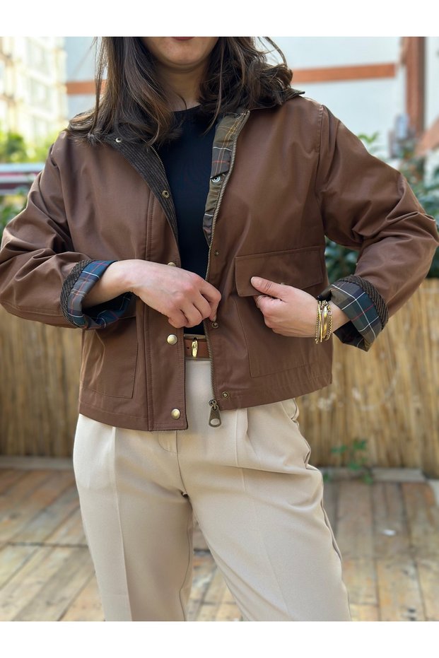 Brown Paneled Velvet Collared Jacket