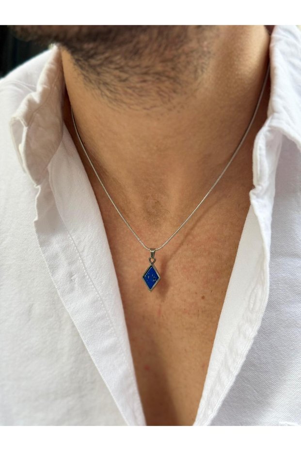 Glóin Men's Navy Blue Lapis Lazuli Natural Stone Baklava Model Stainless Steel Necklace