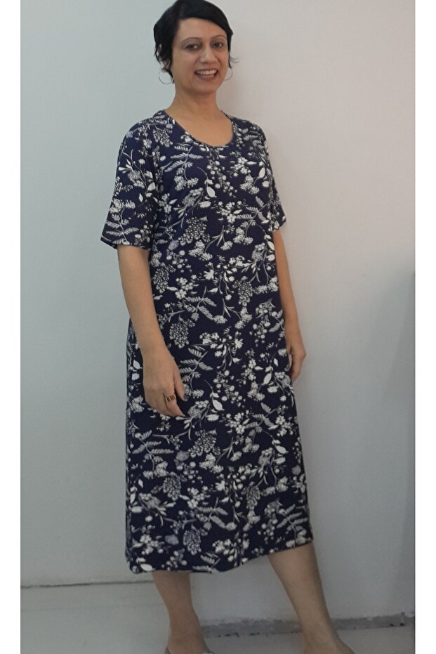 Navy Blue White Floral Print Short Sleeve Combed Viscose Dress