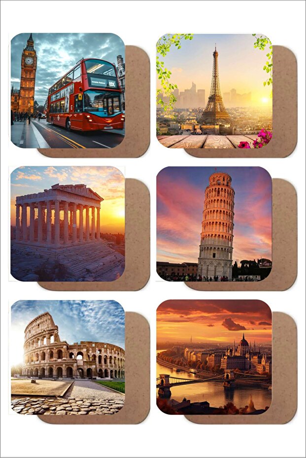 World Cities Themed Set of 6 Mdf Uv Printing Coasters – Colorful Modern Design
