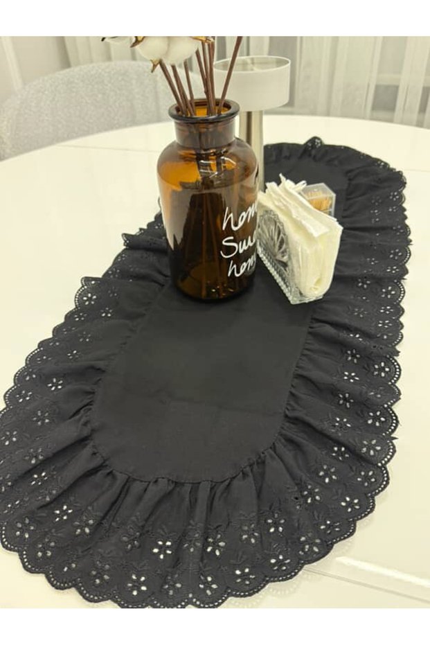 Ruffled Scalloped Oval Duck Linen Vintage Runner Black (45X140 cm)
