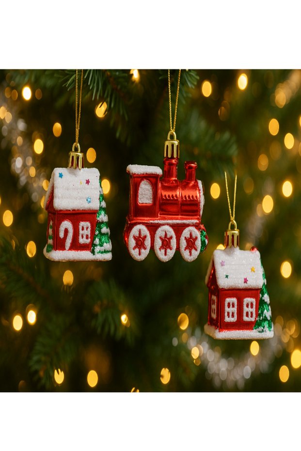 Christmas Tree Ornament Set of 3 – Red Train and House Figurines | 6X8 cm Christmas Decoration, New Year Gift
