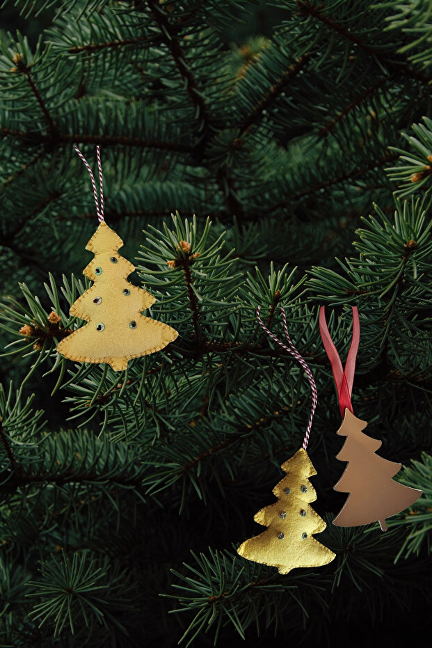 3Pcs Christmas New Year Ornament, Colorful Felt, Embroidered Pine Tree and Gold Plexi Set 5