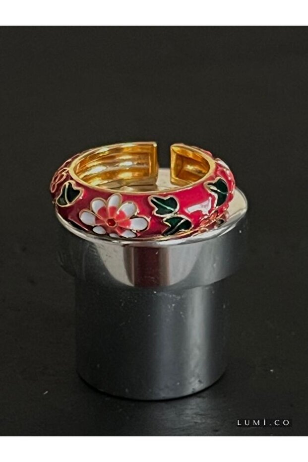Tarnish-Resistant Steel Gold Color Flower Patterned Enamel Adjustable Steel Ring - Gift Boxed