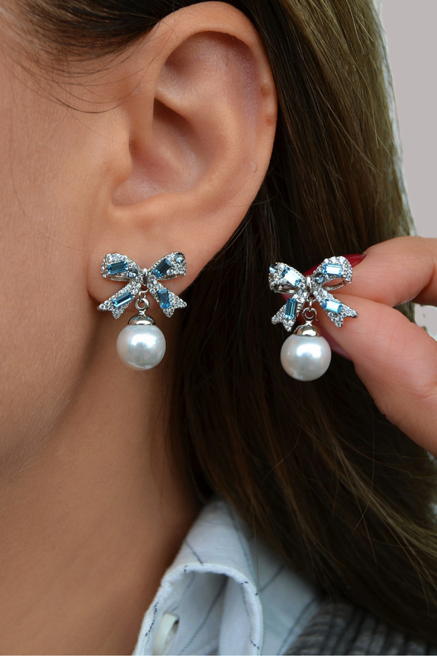 Zircon Stone Bow Model Pearl Earrings – Stylish and Long-Lasting Elegant Earrings