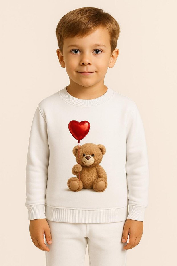 Sweatshirt Tracksuit Set with Drawstring Heart-Holding Bear Pattern for Ages 3-4-5-6-7-8-9-10-11-12