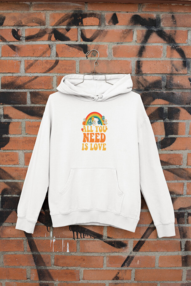 All You Need Is Love Printed Cotton Long Sleeve Fleece-Lined 3 Yarn Hooded Sweatshirt