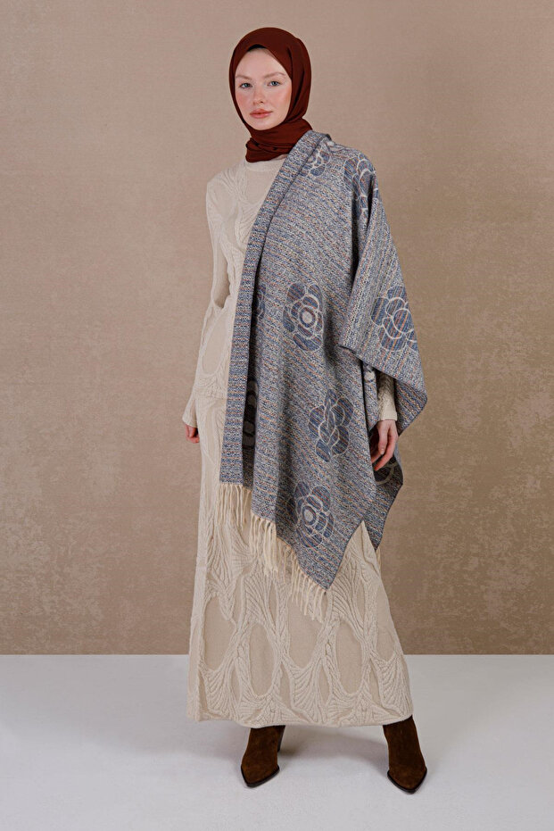 وشاح شتوي من الصوف بنقشة الورد - أزرق - 1