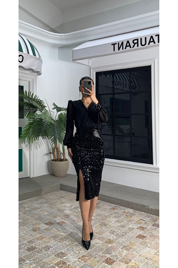 Top Chiffon Bottom Pulpayet Slit Midi Length Dress