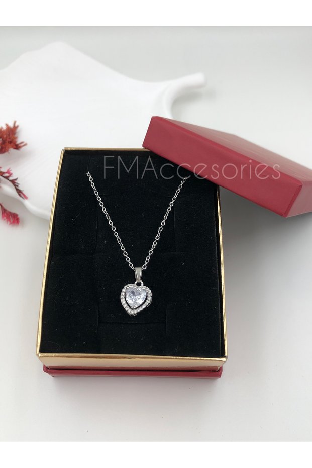 Steel Women's Necklace Stainless Silver Color Heart with Stone 45 cm Antiallergic with Gift Box