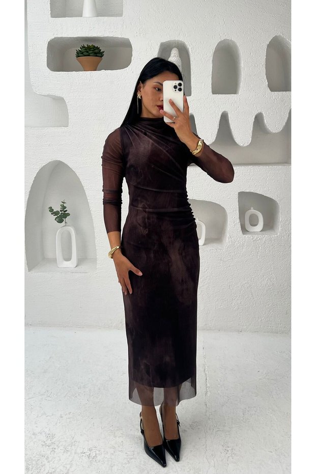 Buy Draped Half Turtleneck Long Sleeve Lined Tulle Dress