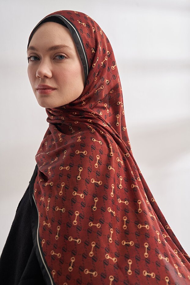 Monogram Patterned Imported Voile Shawl - Black-Burgundy