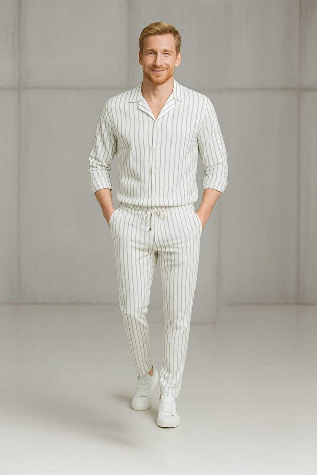 Men's White Striped Crepe Fabric Shirt Pants Set Comfortable & Modern