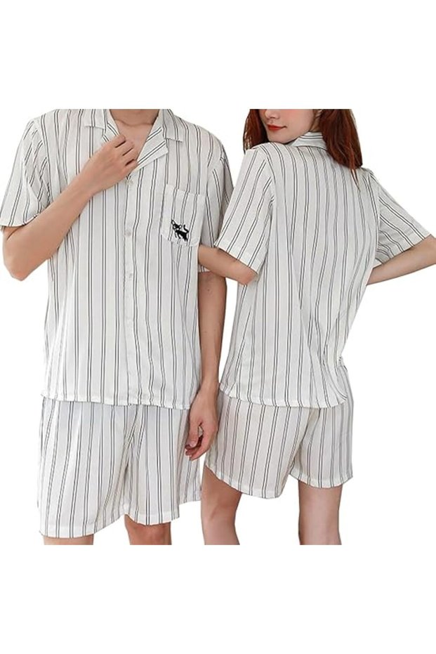 Couples Matching Pajamas Stripe Silk Short Sleeve Sleepwear Satin Soft Embroidery Cartoon Pa MG09