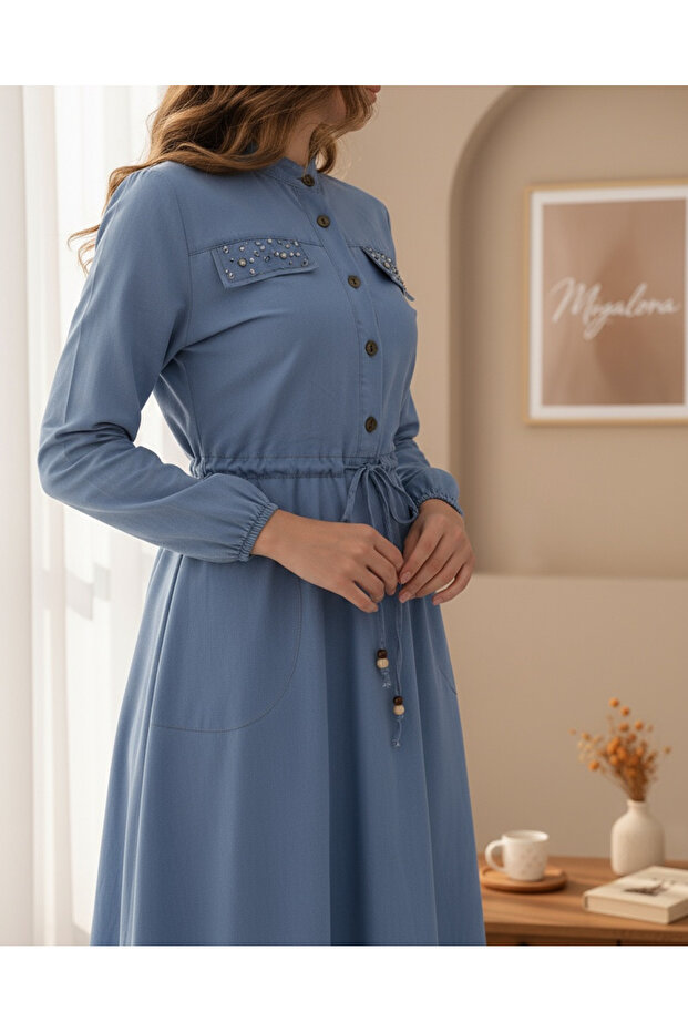 Bağcıklı Minimal Elbise Uzun Buz Tünel İnci Kot - 2