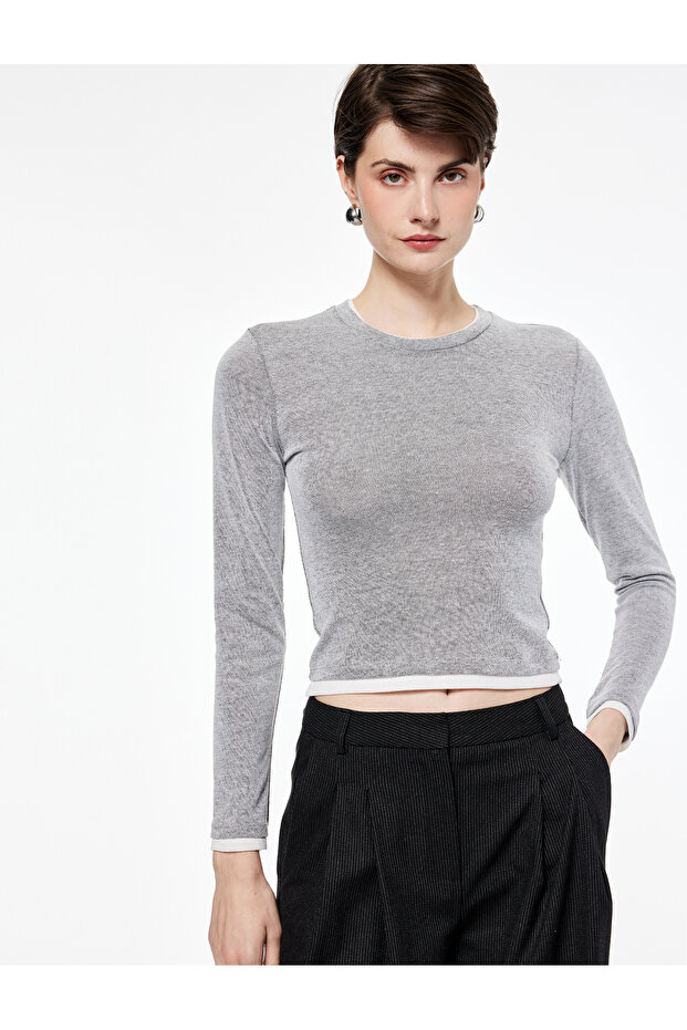 Regular Fit Contrast Detailed Long Sleeve Crew Neck T-Shirt