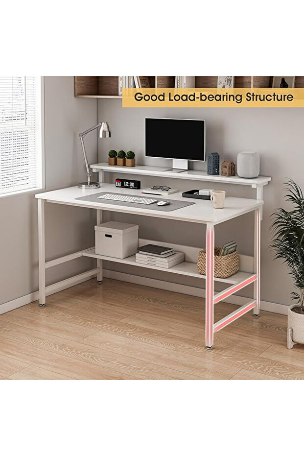 Study Desk with Bookshelf,Computer Table with Under-Desk Storage,White - 5