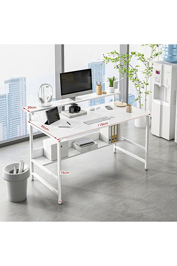 Study Desk with Bookshelf,Computer Table with Under-Desk Storage,White - 7