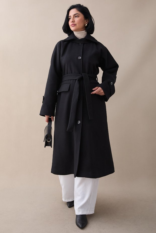 Black Cashmere Coat with Epaulettes on the Collar and Flap Pocket