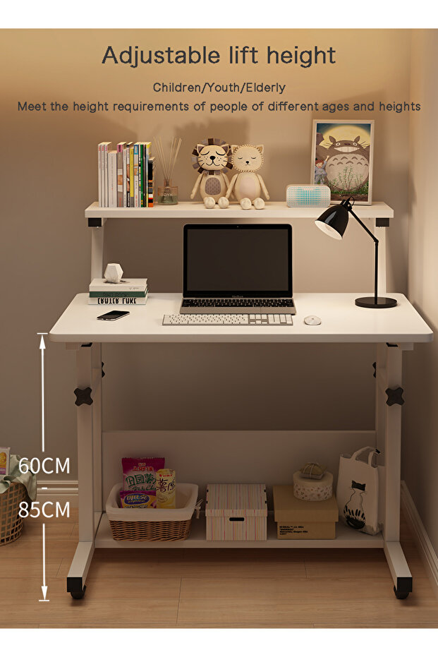 Liftable 3-layer Study Desk Office Computer Table Work Station With Bookshelf Home Writing Desk - 4