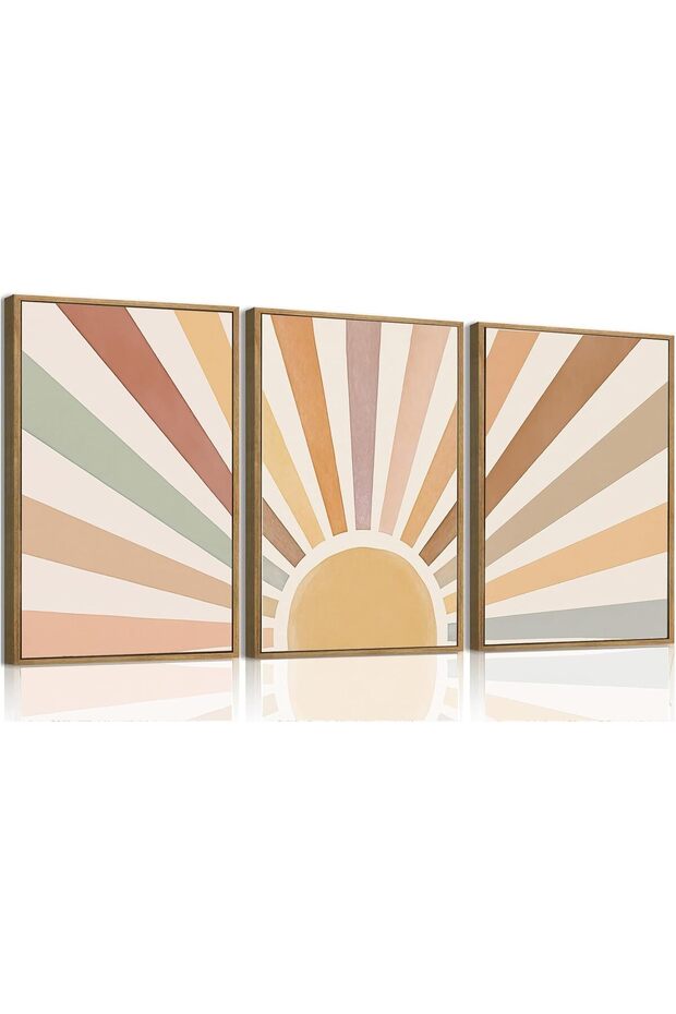 Boho Sun Rising Wall Art Set (30x40 cm) – Framed Mid Century Geometric Prints Set of 3