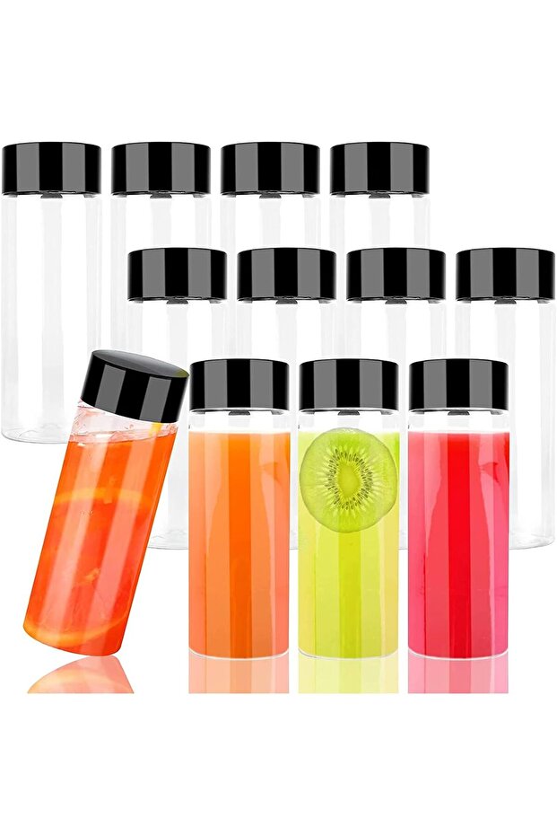 12 Pack 10 OZ (300 ml) Clear PET Plastic Juice Bottles with Black Lids