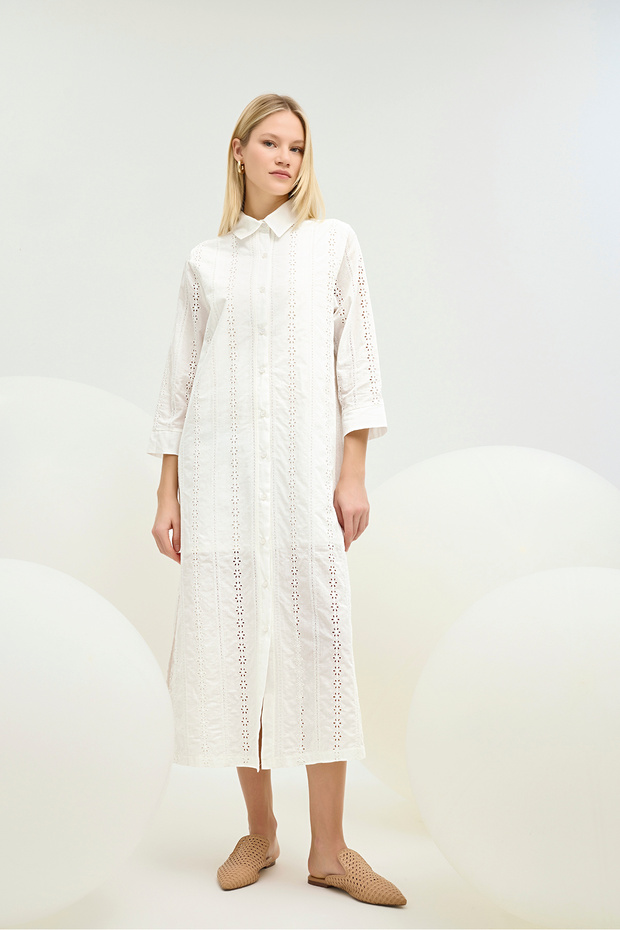 21393 Women's Brode Shirt Collar Long Dress