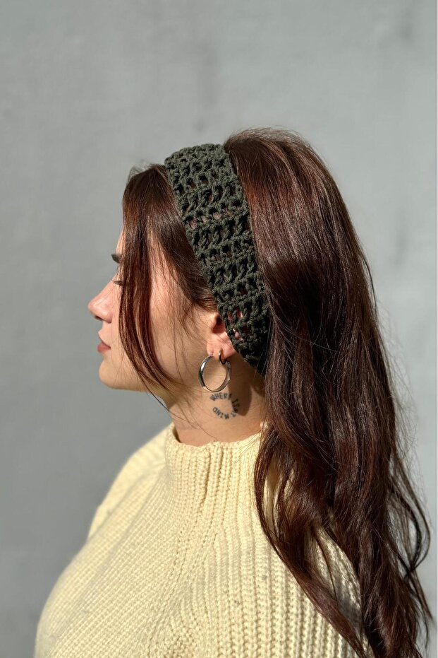 Khaki Fishnet Style Braided Headband, Perforated Headband, Knitted Bandana