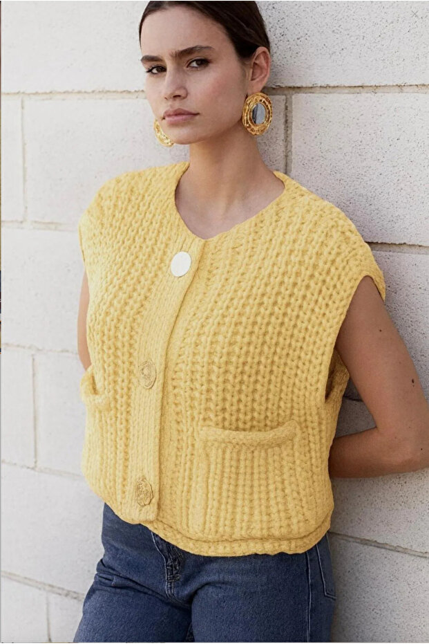 Kadın Kalın Örgülü Triko Yelek Hırka - 1