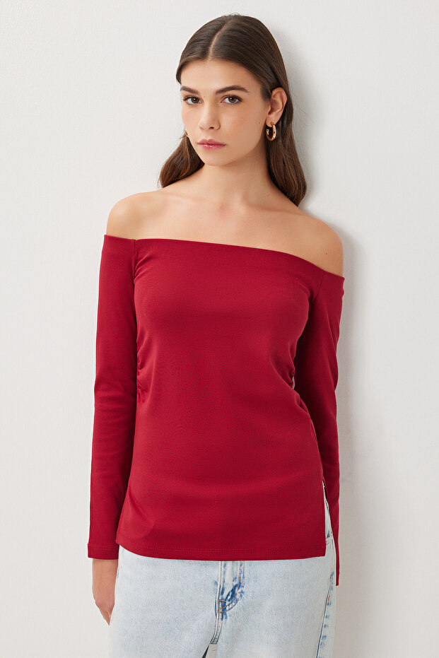 Open Shoulder Gathered Knitted Blouse Lub0272 Bordo