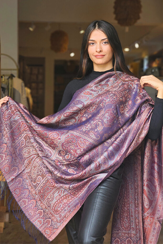 Mor Jakarlı Baş Örtüsü Şal - 5