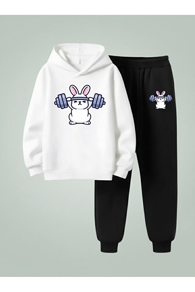 Children Hooded Set Strong Rabbit Printed 3 Thread Ş Fleece-Lined Sweatshirt - Tracksuit Set