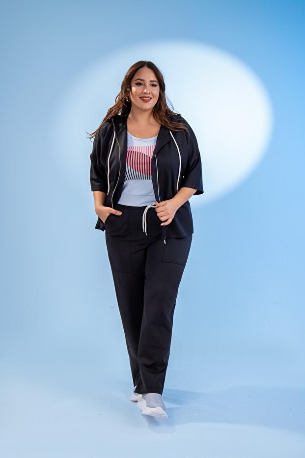 122142 Women's Plus Size Zippered Tracksuit Set Black
