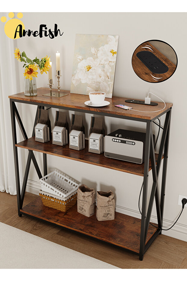 120*30*90cm Console Table with Power Outlet Sofa Table with Storage Shelf and Entryway Table - 1