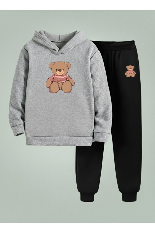 Hooded Set Children's Sitting Bear Printed 3 Thread Ş Fleece-Lined Sweatshirt - Tracksuit Set