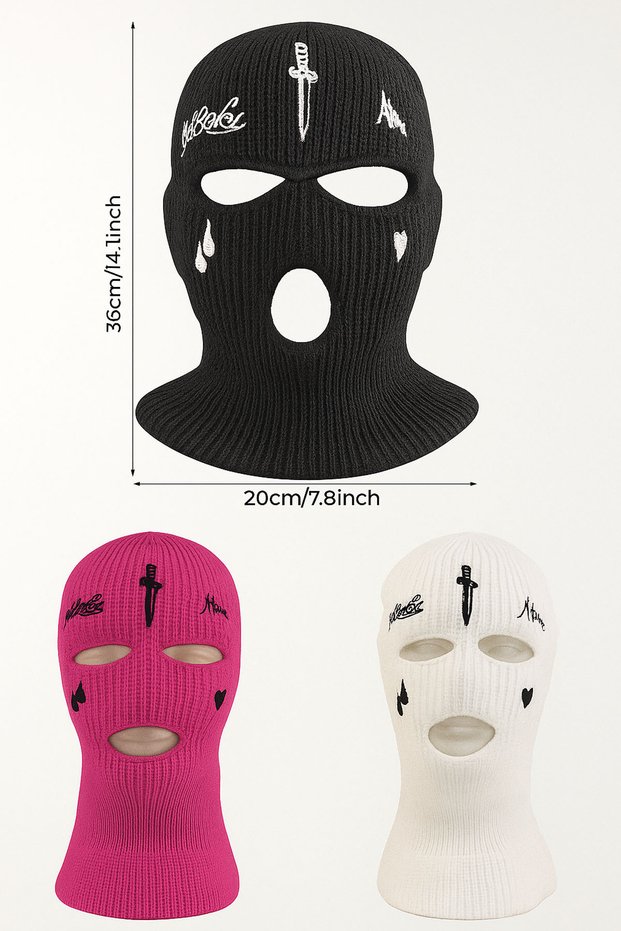 Knitted Unisex Sword Teardrop Embroidered Balaclava Set of 3 Black White Fuchsia
