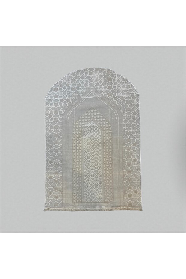Premium Velvet Islamic Prayer Mat – White Geometric Mihrab Design