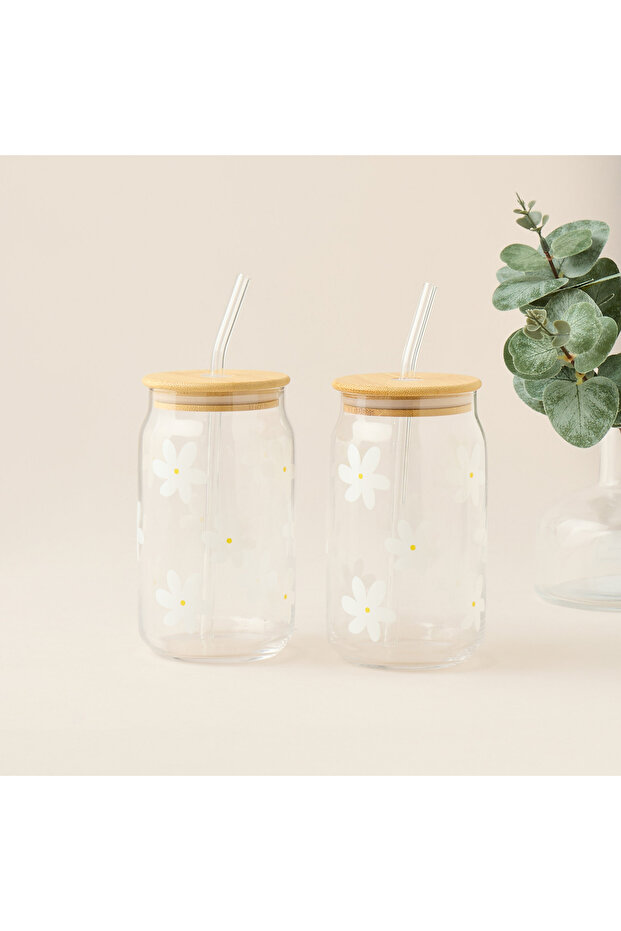 Daisy Print 2-Piece Glass Tumbler with Straw Set
