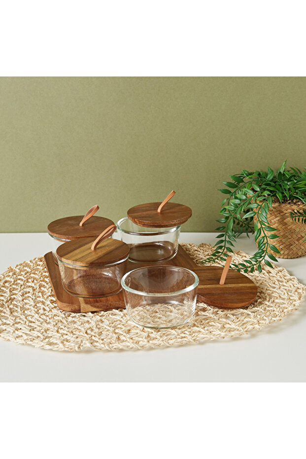 Round 4-Piece Glass Jar Set with Wooden Tray