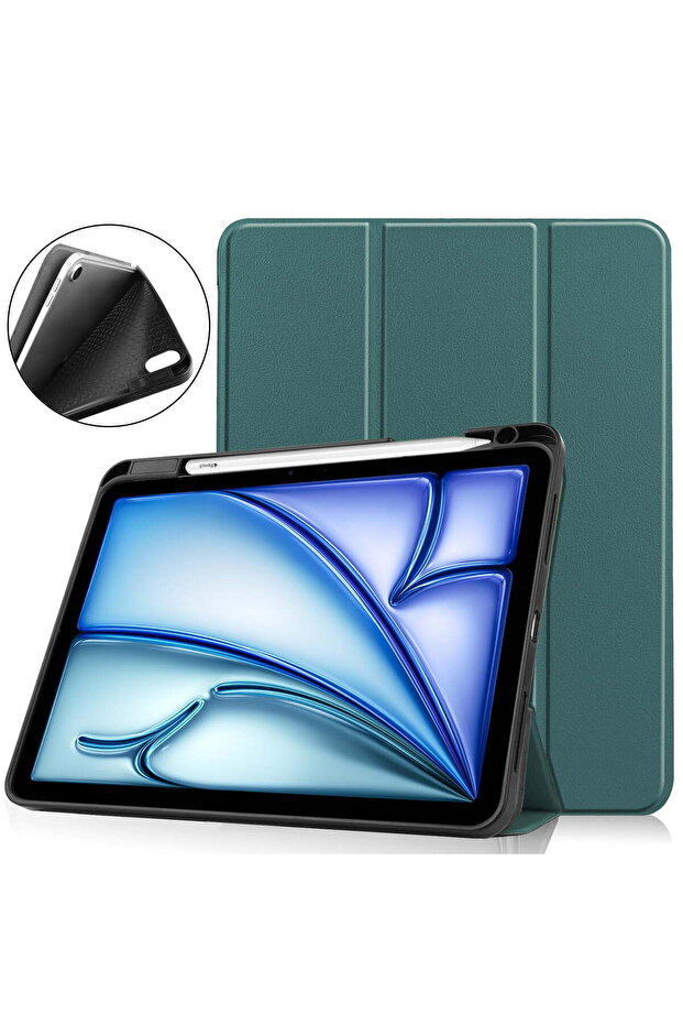 iPad Air 11 (2024) Case - Slim Flip Smart Cover with Pencil Holder, Dark Green