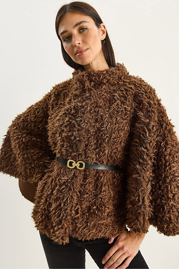 Women's Brown Belt Detailed Soft Textured Plush Poncho 2817 60281120
