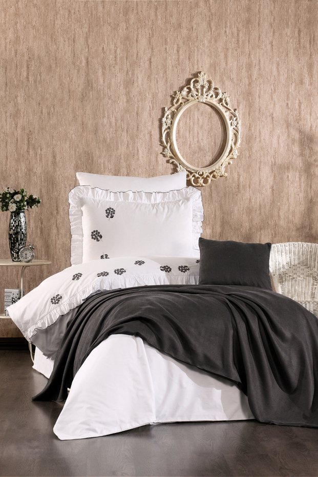 Belora 100% Cotton Bud Flower Embroidered, Ruffled, Piqued 6-Piece Single Duvet Cover Set