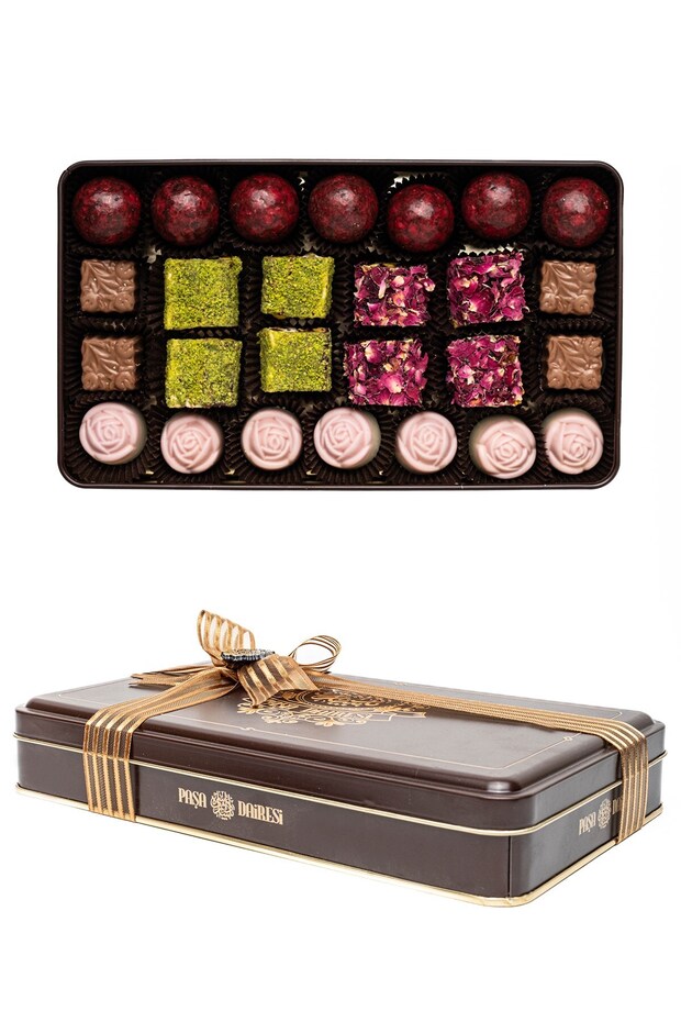 Special Truff and Chocolate Assortments, with Pistachios, Turkish Delight with Roses Nostalgic Metal Box