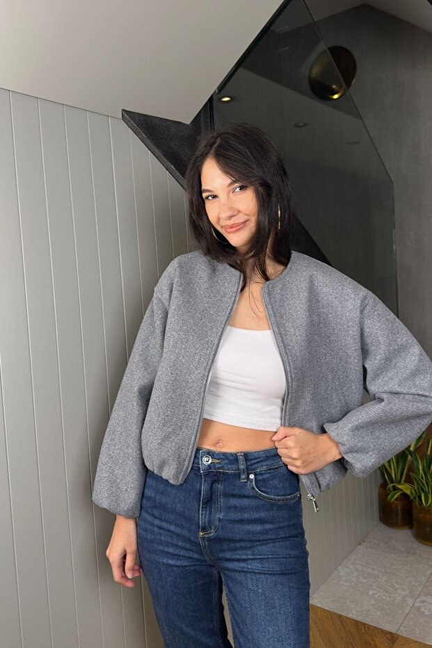 Gri Bomber Kaşe Ceket - 1