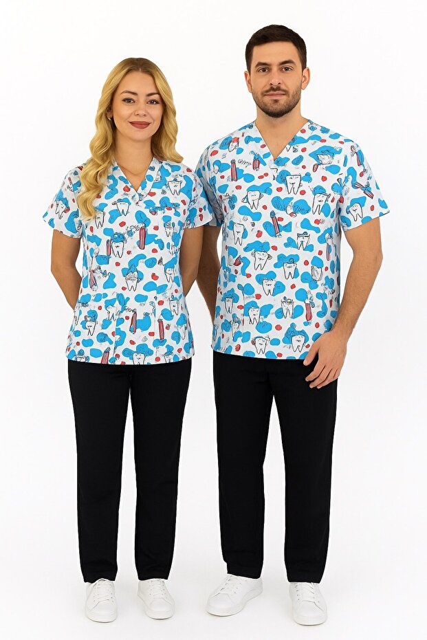 Unisex White Dental Pattern Scrubs Uniform Set for Dentist, Dental Doctor, Dental Technician